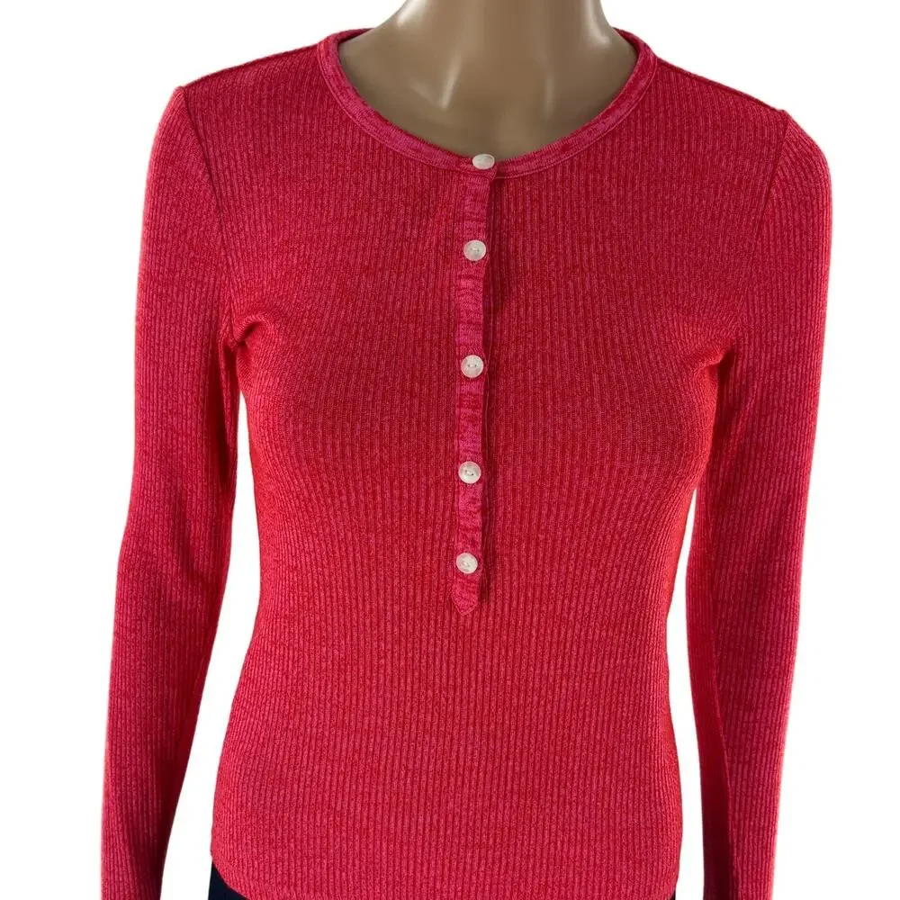 Rag & Bone Pink Marled Red The Knit Ribbed Henley Long Sleeve Top